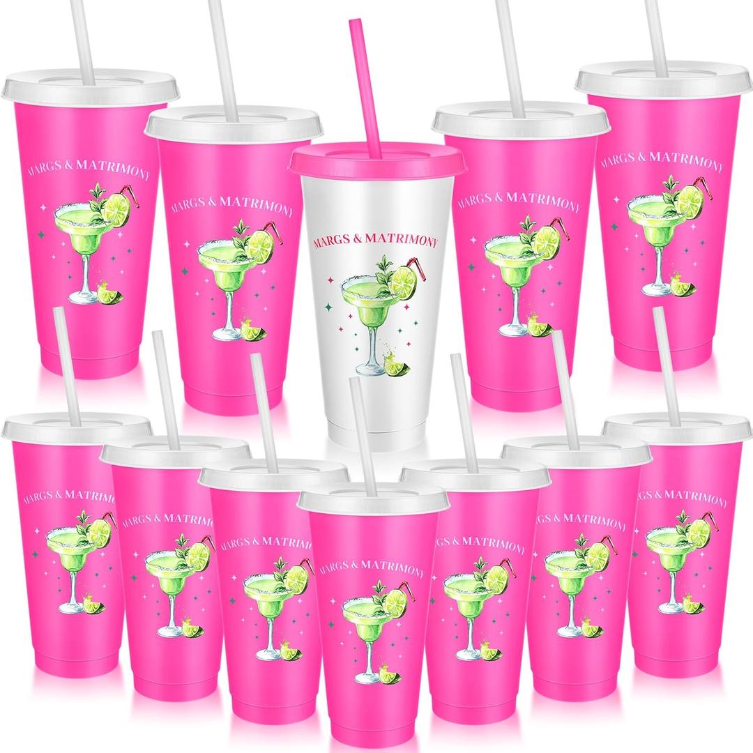 12 Pcs Margs and Matrimony Bachelorette Party Cups 24oz Bridesmaid Reusable Plastic Cups with Lids and Straws for Wedding Bridal Shower Party Favors Gifts