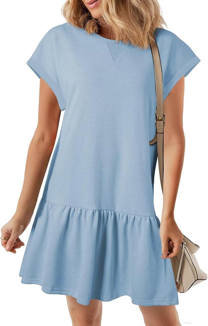 BLENCOT Womens Summer Dresses Casual Cap Sleeve Spring Ruffle Mini Sporty Sweatshirt Trendy Tshirt Dress (Blue)