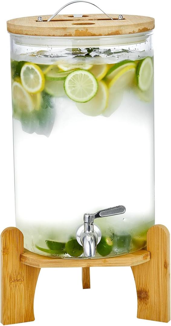 Beverage Dispenser 2.1 Gallon with Spigot Glass Water Dispenser for Parties, Bars, Restaurants (8Lwith Wood Stand Drink Dispensers