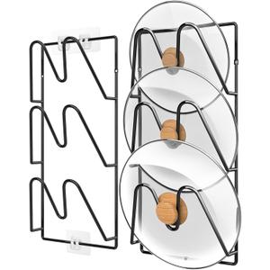 2-Pack Pot Lid Organizer, 6-Tier Pots & Pans Lid Holder Organizer for Cabinet or Wall/Door Kitchen Storage, No-Drill Adhesive Mount, Space-Saving Solution (Black)
