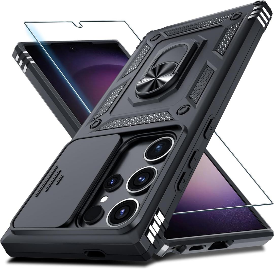 Janmitta Compatible with Samsung Galaxy S25 Ultra Case Built in Slide Camera Lens Cover+Screen Protector+Finger Ring Holder Kickstand,Heavy Duty Shockproof Full Body Phone Cover,2025 Black