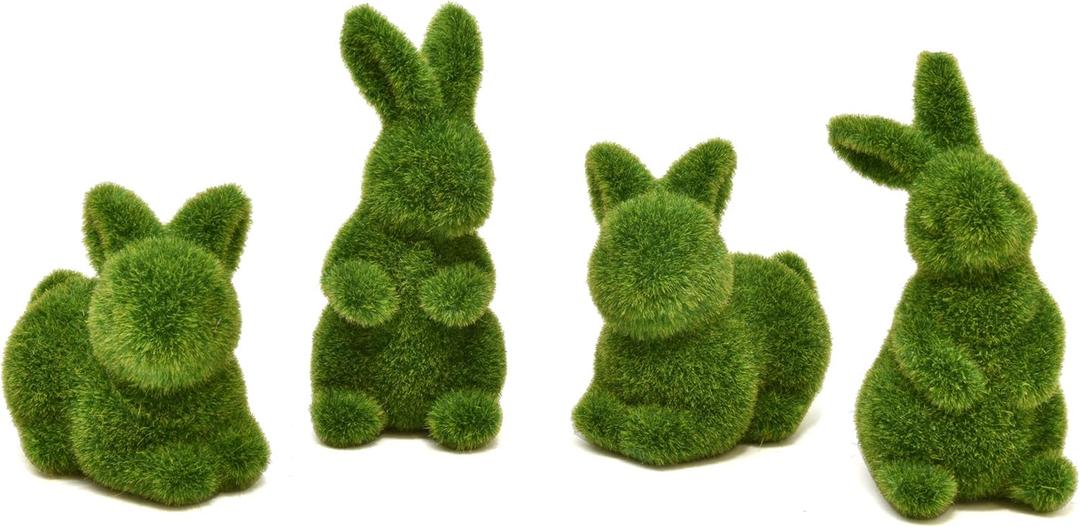 Gift Boutique 4 Green Fuzzy Flocked Bunny Easter Holiday Spring Decor Rabbit Figurines Garden Artificial Animal Moss for Indoor Table Home, Kitchen, Shelf Decorations Furry Covered Rabbits