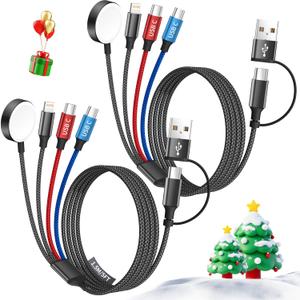 Dual Type-C Port 4 in 2 Multi Charging Cable for Apple iWatch Charger/iPhone 17/Lightning, Travel Charger for Multiple Devices, Christmas Gift for iWatch Ultra/SE/10-1, iPhone16-8, iPad - 2Pcs 5FT