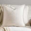 DEZENE 22x22 Linen Pillow Covers Beige Pack of 2 Farmhouse Boho Neutral Accents Striped Textured Square Decorative Throw Pillow Cases for Living Room Couch Bed Home Decor