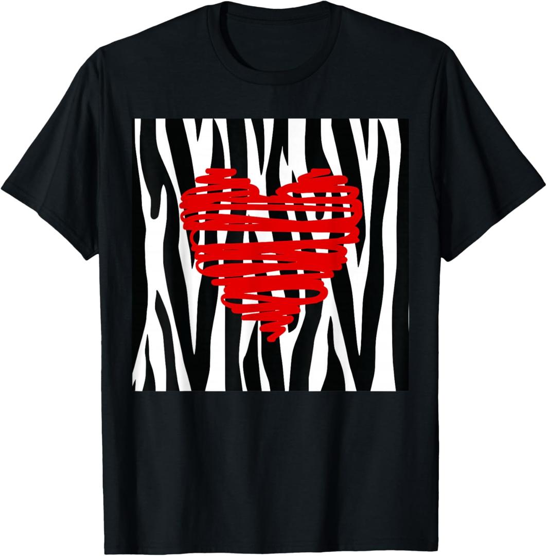 Black and White Zebra Stripes with Red Heart T-Shirt, Size 2XL
