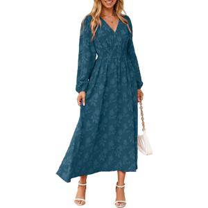 Simplee Womens Boho Floral Long Sleeve Maxi Dress V Neck Empire Waist Fall Wedding Guest Dresses with Pockets (L)
