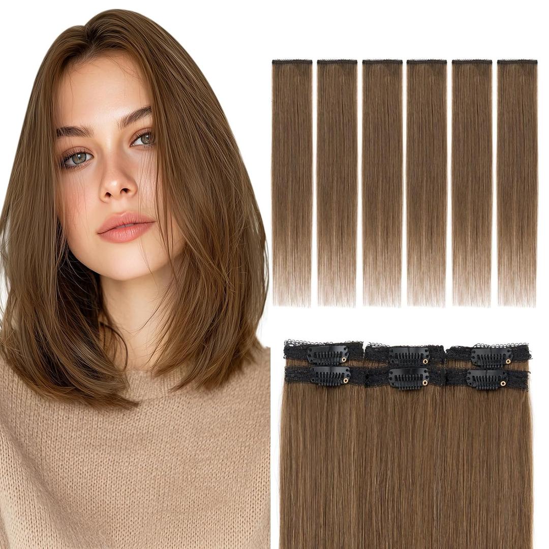Elailite Short Clip in Hair Extensions Real Human Hair 6PCS Lace Weft Remy Hairpieces for Women Adding Volume 10 Inch Medium Brown
