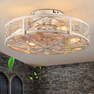 20" Caged Ceiling Fan with Light,Vintage Rustic Farmhouse Kitchen Decor,Bladeless Ceiling Fans with Lights and Remote,Low Profile Fan for Bedroom,Reversible 6 Speeds Motor,4 E26 Bulbs Included (White Brush Gold)