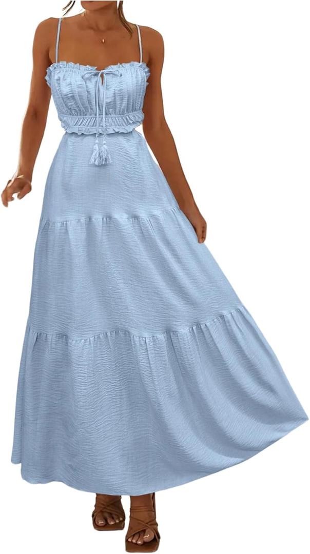 Milumia Women's Graphic Frill Trim Cami Dress Cut Out Back Sleeveless Maxi Summer Dresses (Blue, M)