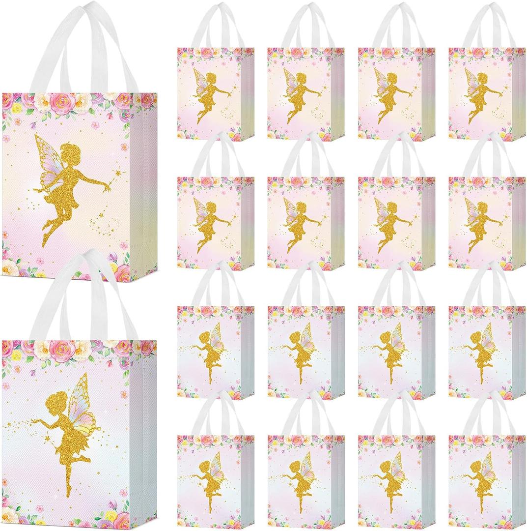 Locmeo 24 Pcs Floral Fairy Party Favor Bags with Handles Reusable Non Woven Floral Fairy Goodie Bags Pink and Purple Candy Treat Gift Bag for Girl Boy Birthday Baby Shower Party, 8 x 4 x 10 Inch