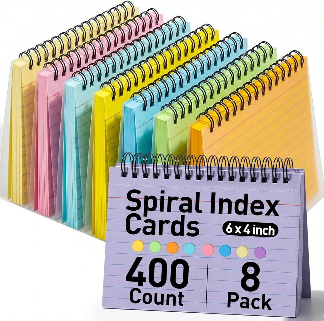 Koogel 400 Count Spiral Index Cards 4x6, 8 Pack of 8 Colors Ruled Flash Cards with Waterproof Cover for Studying, Note Taking Office Organization, College & School Supplies, (50 Sheets Each)