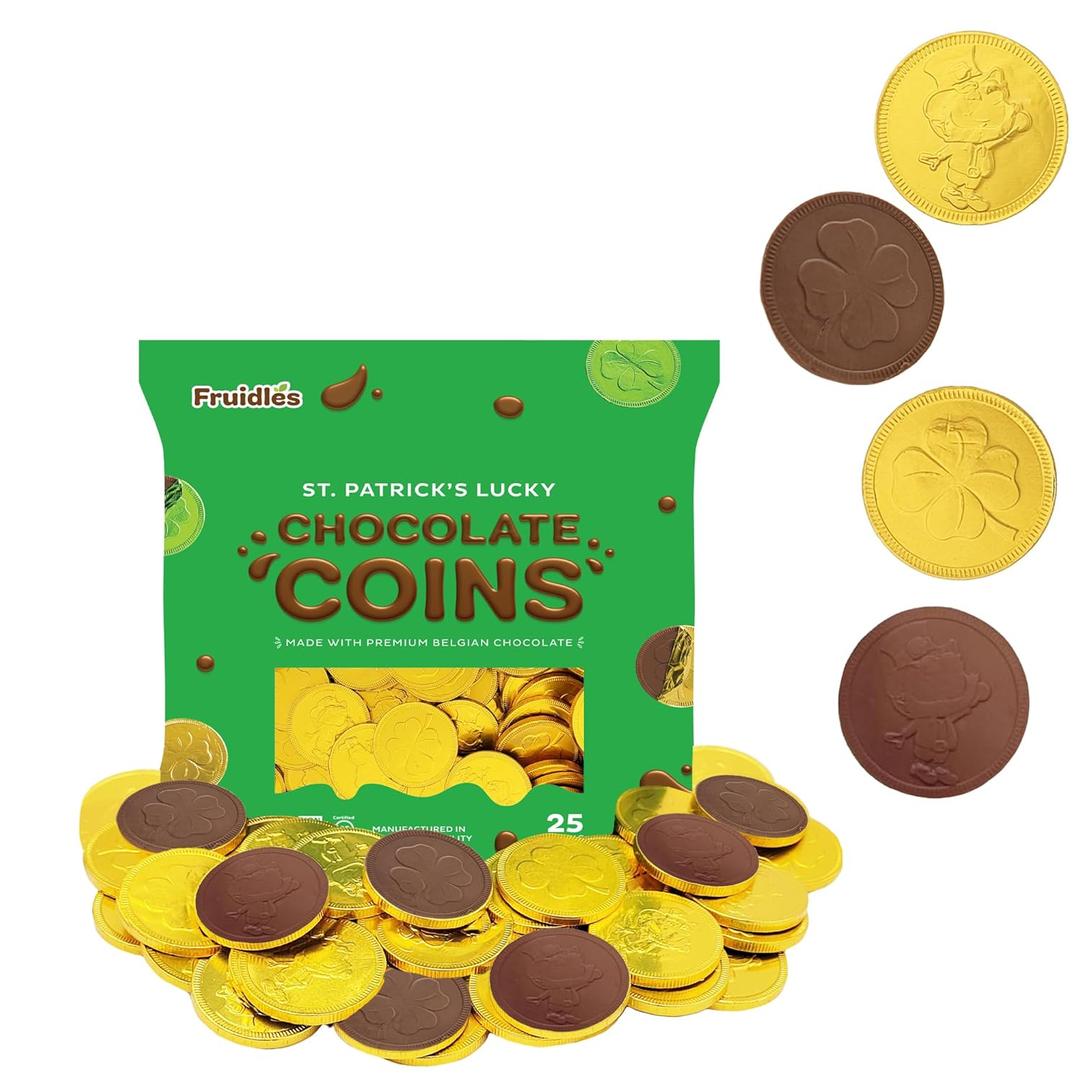 2 x St. Patrick's Day 25 Milk Chocolate Coins Lucky Gold Coins Foils, Shamrock Clover Leprechaun Premium Belgian Milk Chocolate Coins Bag Nut-Free (25-Pack) (EXP 06/08/27)