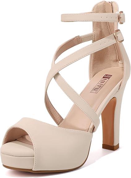 IDIFU Women's IN4 Platform Heels Strappy Chunky Heels For Women Dressy Peep Toe High Heels For Women Bridal Wedding Shoes For Bride On Evening Prom, Size 8