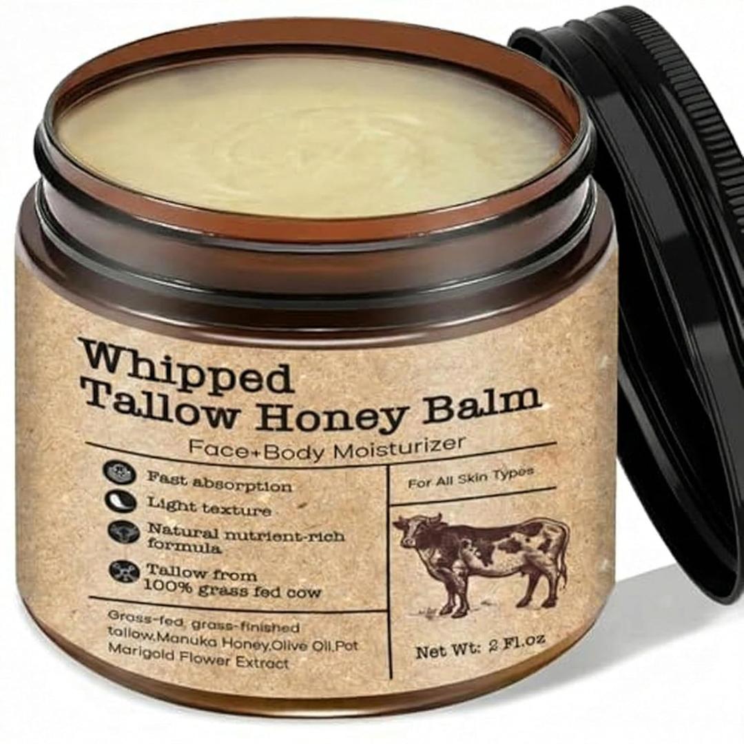 Beef Tallow Honey Balm for Sensitive Skin:100% Organic Grass-Fed Vintage Tallow Moisturizer For Face Cracked Hands Non-Greasy Nourishing Cream With Olive Oil - Eczema Safe All Skin Types 2 oz (Honey) (white)