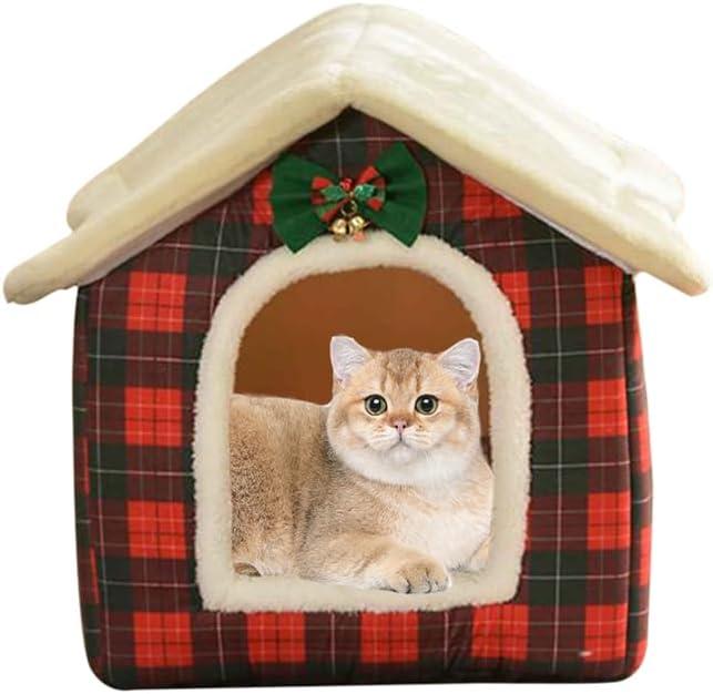 Christmas Cat Bed for Indoor Cats Plaid Xmas Cat Tent Cats Bed Cave for Pets Kittens and Dogs (Christmas Plaid, L (20.5 X 17 X 19.7 Inch)
