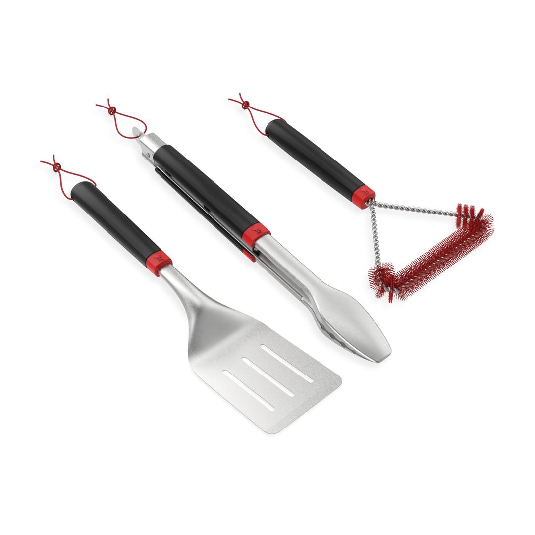 Weber 3Piece BBQ Tool Set Stainless Steel Spatula, Locking Tongs & 12-Inch ColdClean Nylon Grill Brush with Hanging Loops - Grill Accessory Kit