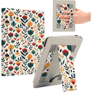 ForeverSong Magnetic Case for Kindle Paperwhite (6.8"/7") - Auto Wake/Sleep Cover with Dual Hand Strap, Card Pocket and Stand Feature, Compatible with Kindle Colorsoft 2024.Flower-01
