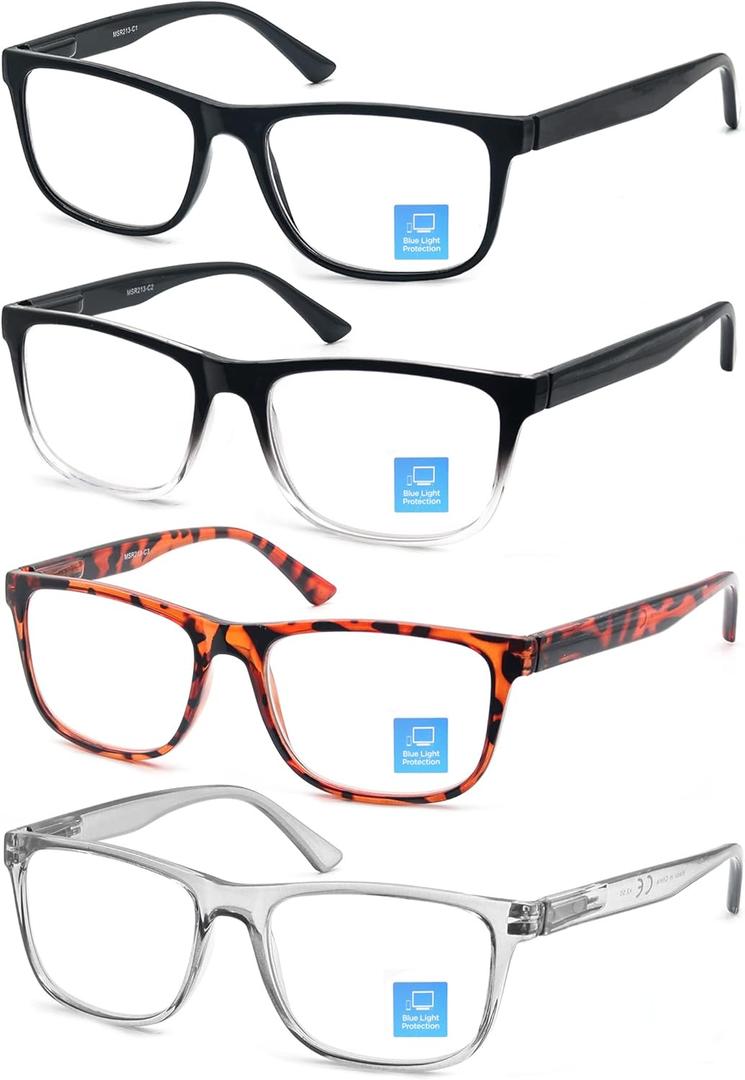 Blue Light Blocking Reading Glasses Men Large Oversized Square Readers Wide fit Cheaters for Men W/Big Head/Large Face (4 Mix Color)