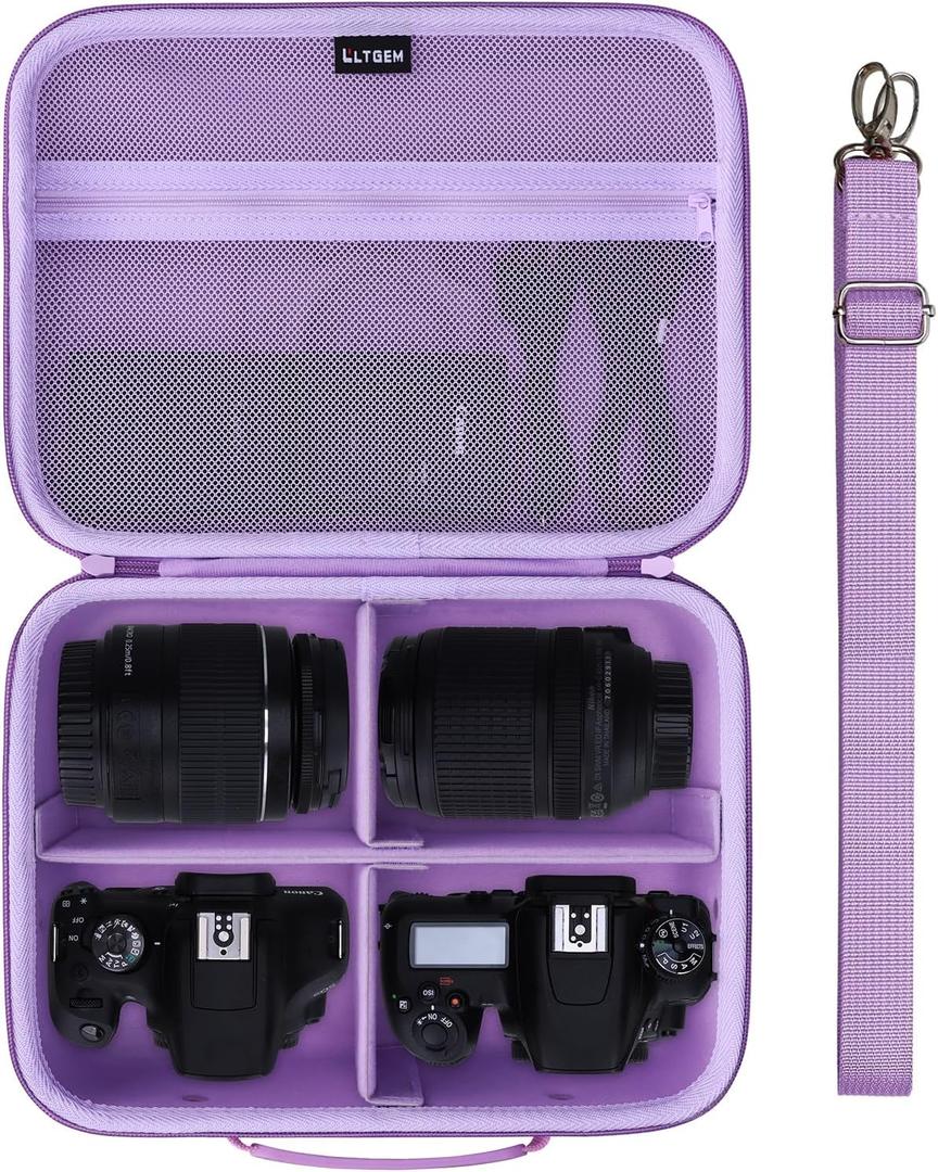 L LTGEM Medium Camera Case Compatible with Canon/Sony/Nikon DSLR Mirrorless Camera and Multiple Lens, Hard Travel Carrying Case with 3 Dividers and Shoulder Strap, Purple