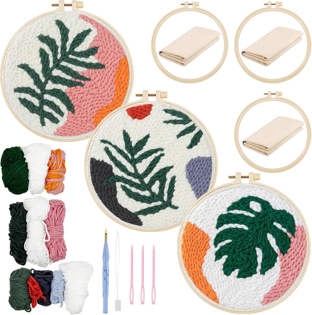 Allazone 3 Set Punch Needle Embroidery Starter Kits for Beginners, Include Punch Needle Fabric with Leaf Pattern, Yarns, Embroidery Hoops, Threader Tools and Instructions (Leaf) (02-Green Leaf)