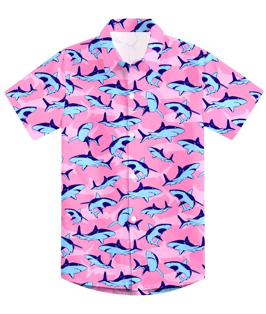 RAISEVERN Boys Button Down Shirts Hawaiian Cartoon Print Slim-Fit Short Sleeve Cool Dress Shirt Cute Top for Kids (3-4T, Shark)