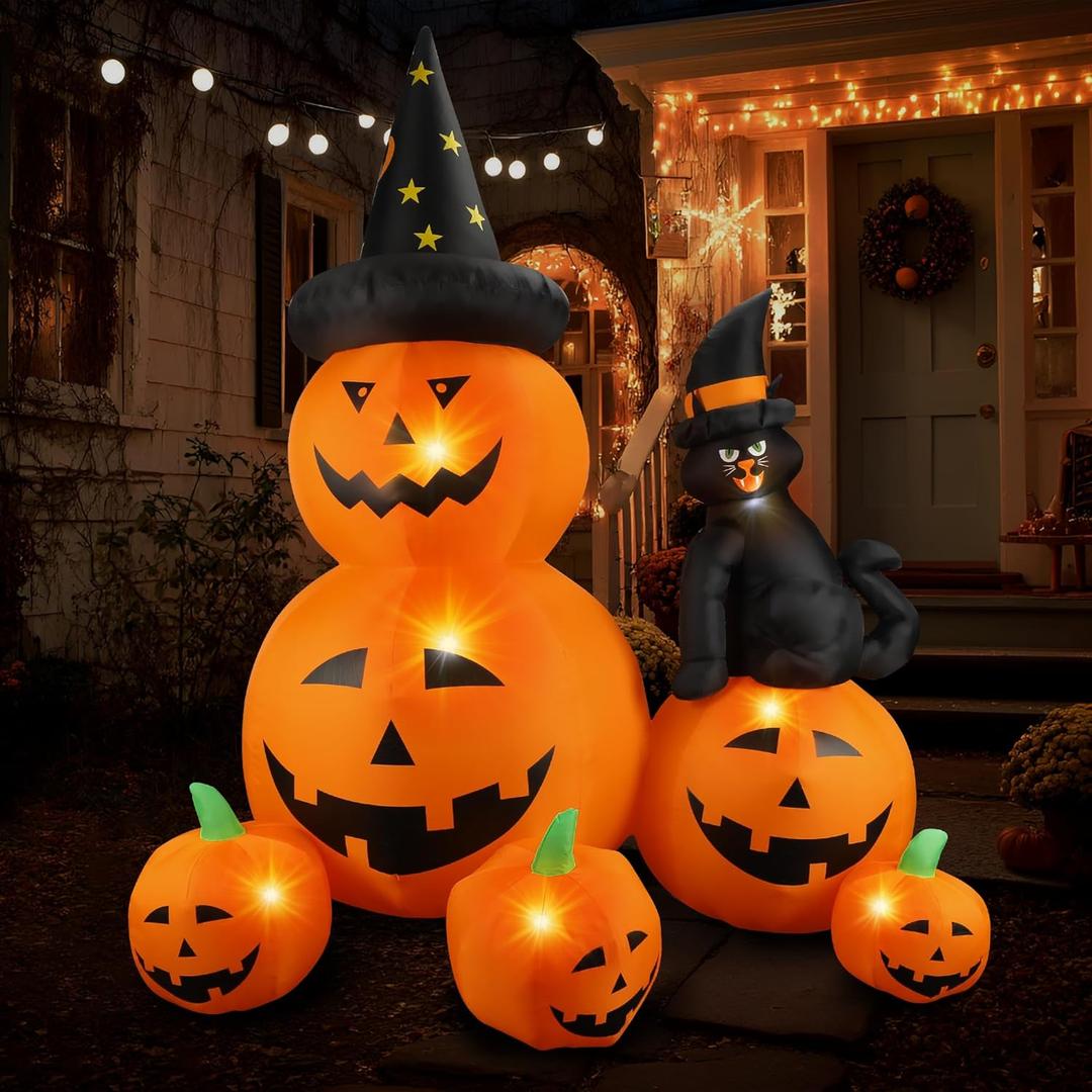 6Ft Halloween Inflatable Decorations Pumpkins Patch Lanterns with Black Cat with Build-in LEDs Blow Up Inflatables for Outdoor Decoration Balcony Home Lawn Patio (orange)
