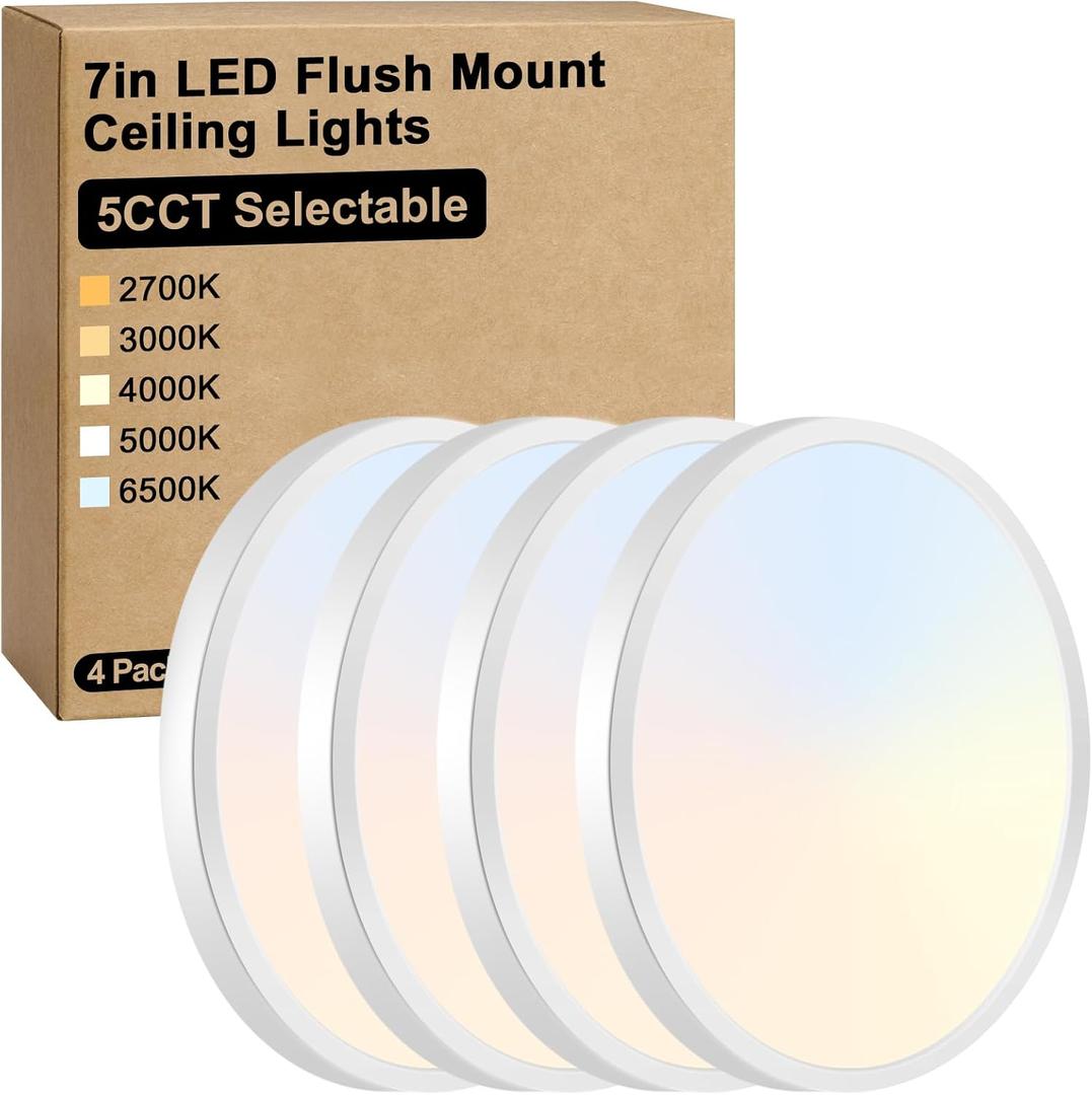 Brightever 7 Inch Flush Mount Ceiling Light, 12W 1200LM LED Ceiling Light Fixtures, 2700K/3000K/4000K/5000K/6500K Color Selectable, 0.67 Inch Ultra Thin Flat Ceiling Lights for Bedroom Kitchen Pantry, 5CCT-White, 7 Inch-4 Packs