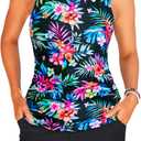 Tankini Swimsuits with Shorts - Two Piece Tummy Control Bathing Suits High Neck Swimwear with Two Side Pockets (Medium, Multi Floral)