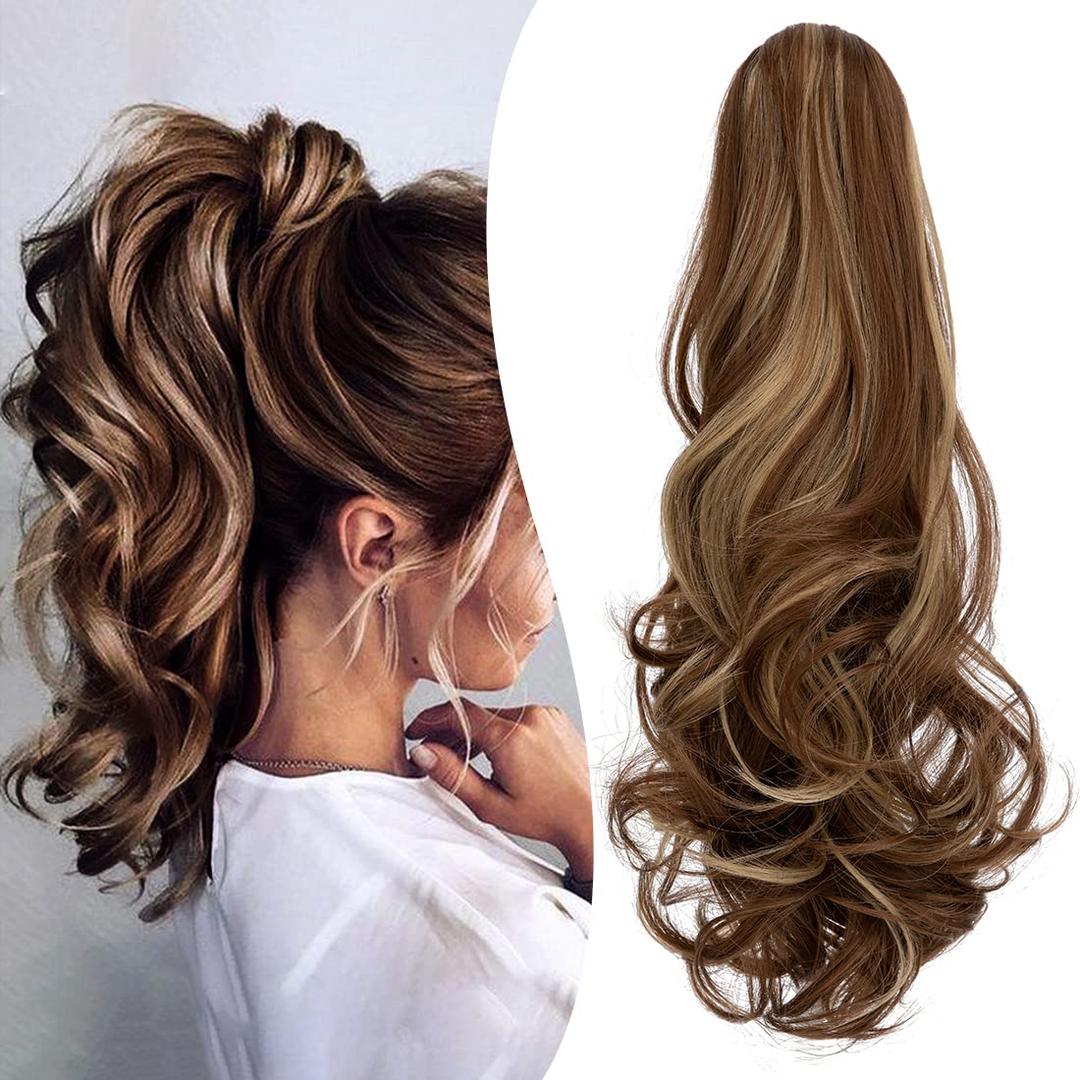 Claw Clip Ponytail Extension 18" Clip in Wavy Ponytail Hair Extensions Long Pony Tails for Women Extensions Ash Blonde Mix Light Brown Wave Hairpiece