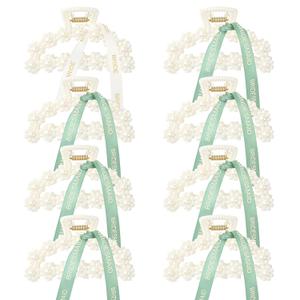 DEEKA Bridesmaid Proposal Gifts 8 Pack Pearl Bridesmaid Hair Claw Clips with Ribbon 3 Inch Hair Clips Bachelorette Party Favors Bridal Party Present Hair Accessories (Half Circle White&Green)