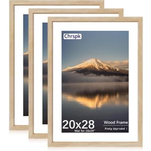 20X28 Poster Frame, Display Pictures 16X24 with Mat or 20X28 Without, Wall Hanging Frames, Natural Oak, 3 Pack