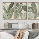 Large Framed Canvas Wall Art - Natural Float Framed Green Plantain Leaves Pictures Decor Brown Leaf Lines Painting Prints Rustic Botanical Artwork for Bedroom Living Room Decoration 60" X 28" Set of 3