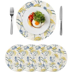 Spring Round Braided Placemats Set of 4 Vintage Floral Plant Washable Round Woven Table Mats for Kitchen Dining Table, Heat-Resistant Place Mats 15inch for Indoor Outdoor Parties, Yellow Blue