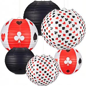 Mudder 6 Pcs Casino Party Decoration Black Red Paper Lanterns 10 Inch Poker Night Party Decorations Casino Hanging Lanterns