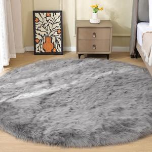 Silver Grey Washable Shaggy Round Rugs 6.6ft Large Faux Sheepskin Fur Rugs for Living Room Bedroom Circle Nursery Rug