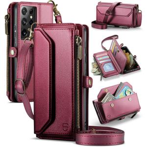 Strapurs Crossbody Wallet Case Compatible with Samsung Galaxy S21 Ultra 5G RFID Blocking 10-Card Holder Soft PU Leather Magnetic Snap Strap Zipper Pocket Phone Case Fit for Galaxy S21 Ultra - Wine Red