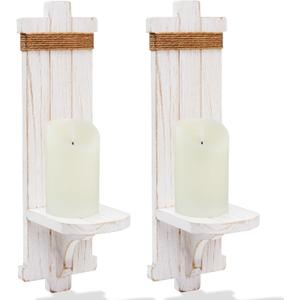 Homemory Wall Sconces Candle Holder Set of 2, Farmhouse Wooden Rustic Wall Decor for Living Room, Dining Room, Bedroom, Bathroom (White)