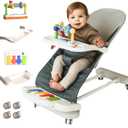 CuddoBaby Baby Bouncer 4-in-1 on Wheels |Detachable Pianos, Feeding Tray| 3-Level Recline Foldable Seat with Play Bar for Infant to Toddler 0-6, 0-12, 12-24 Months, Boy Gift Idea - Blue