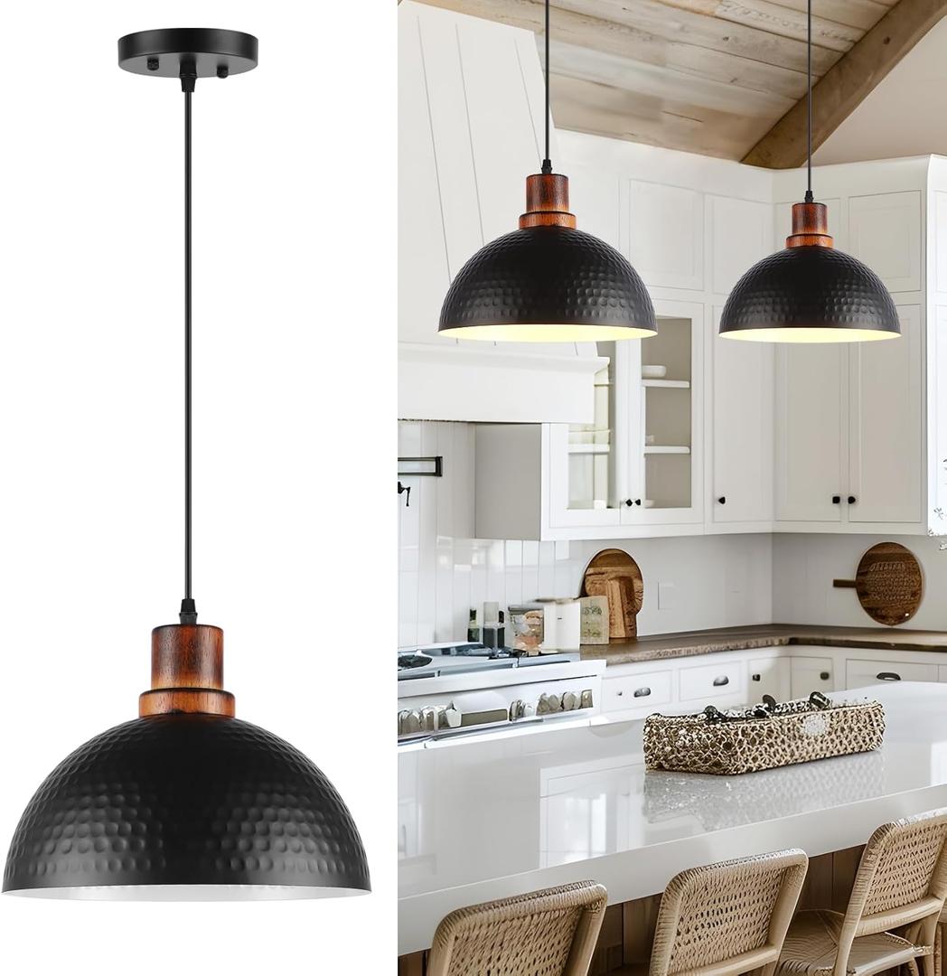 Black Pendant Lights Kitchen Island, 11.8" Hammered Metal Black Dome Pendant Lighting Black and Wood Pendant Light Fixture Hanging Ceiling Light for Dining Living Room Restaurant Sink (1PK/12in)