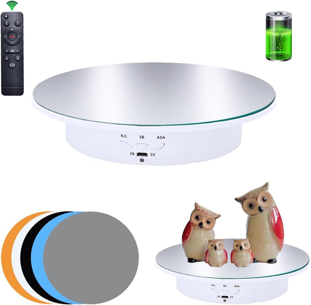 JAYEGT Motorized Rotating Display Stand, 7.87inch /17.6lbs Load, 360 Degree Electric Rotating Turntable for Photography Products, Jewelry5 Colors Backgrounds, Mirror Cover (White/Remote Control)