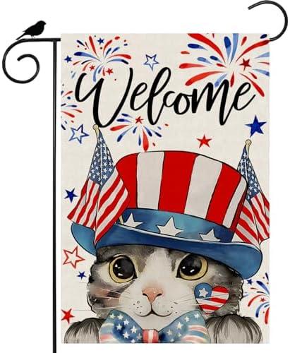 Pack Of 2 ZAEW Welcome Patriotic Cat America Fireworks 4th of July Memorial Day Independence Day Garden Flag Yard Flag 12x18 Inch Double Sided Small Mini Yard Outdoor Outside Holiday Decoration