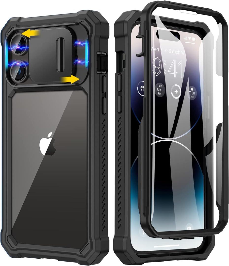 Caka for iPhone 14 Pro Max Case, iPhone 14 Pro Max Case with Slide Camera Cover & Built-in Screen Protector Heavy Duty Shockproof Phone Case Cover for iPhone 14 Pro Max 6.7 inch, Black