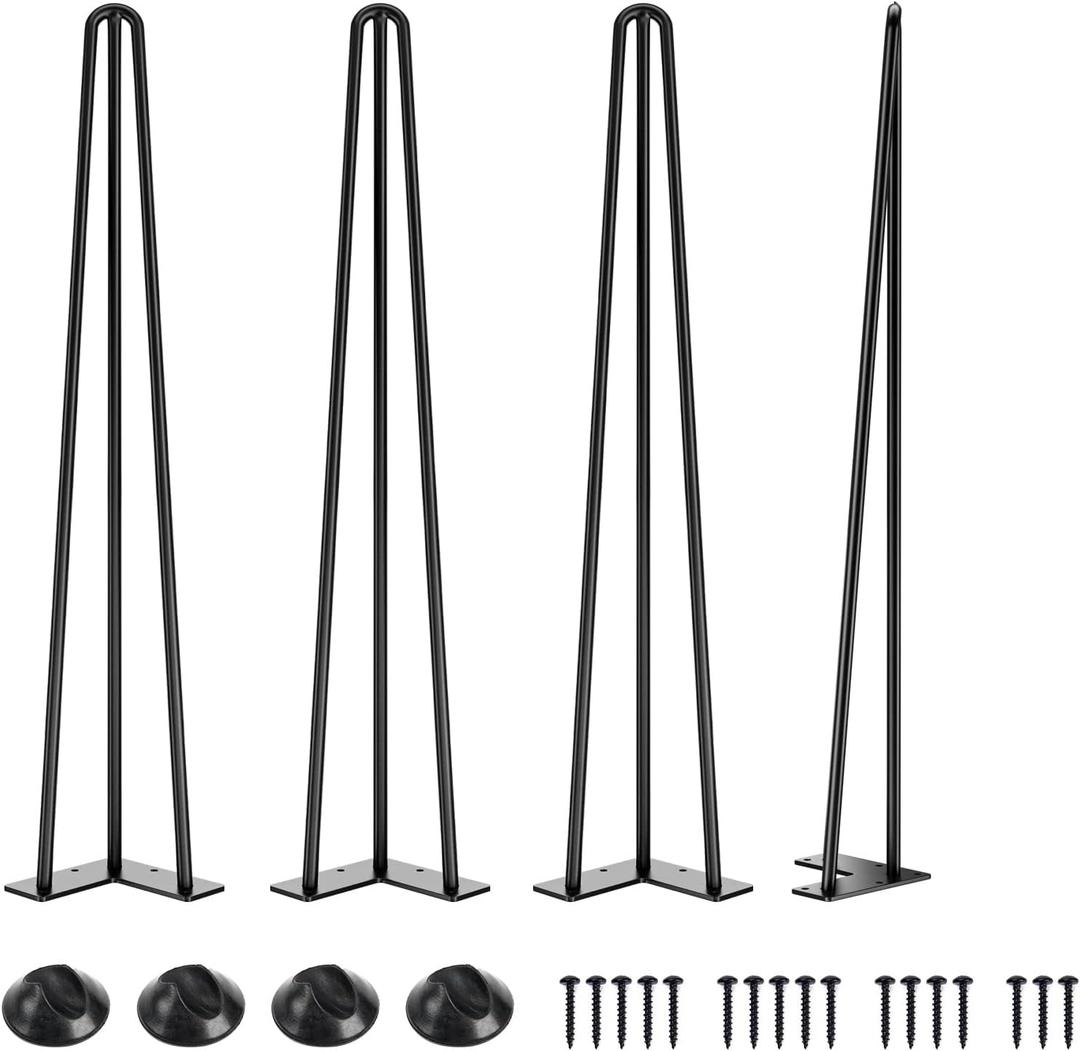 SMARTSTANDARD Hairpin Table Legs 28 Inch, 1/2'' in Diameter 3 Rods, Metal Home DIY Projects for Nightstand, Coffee Table, Dresser with Rubber Floor Protectors, Black, 4PCS