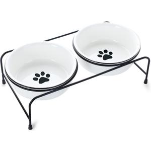 GDCZ Porcelain Raised Cat Bowls with Heighten Metal Stand and Non Slip Bottom 15 Ounces (White)