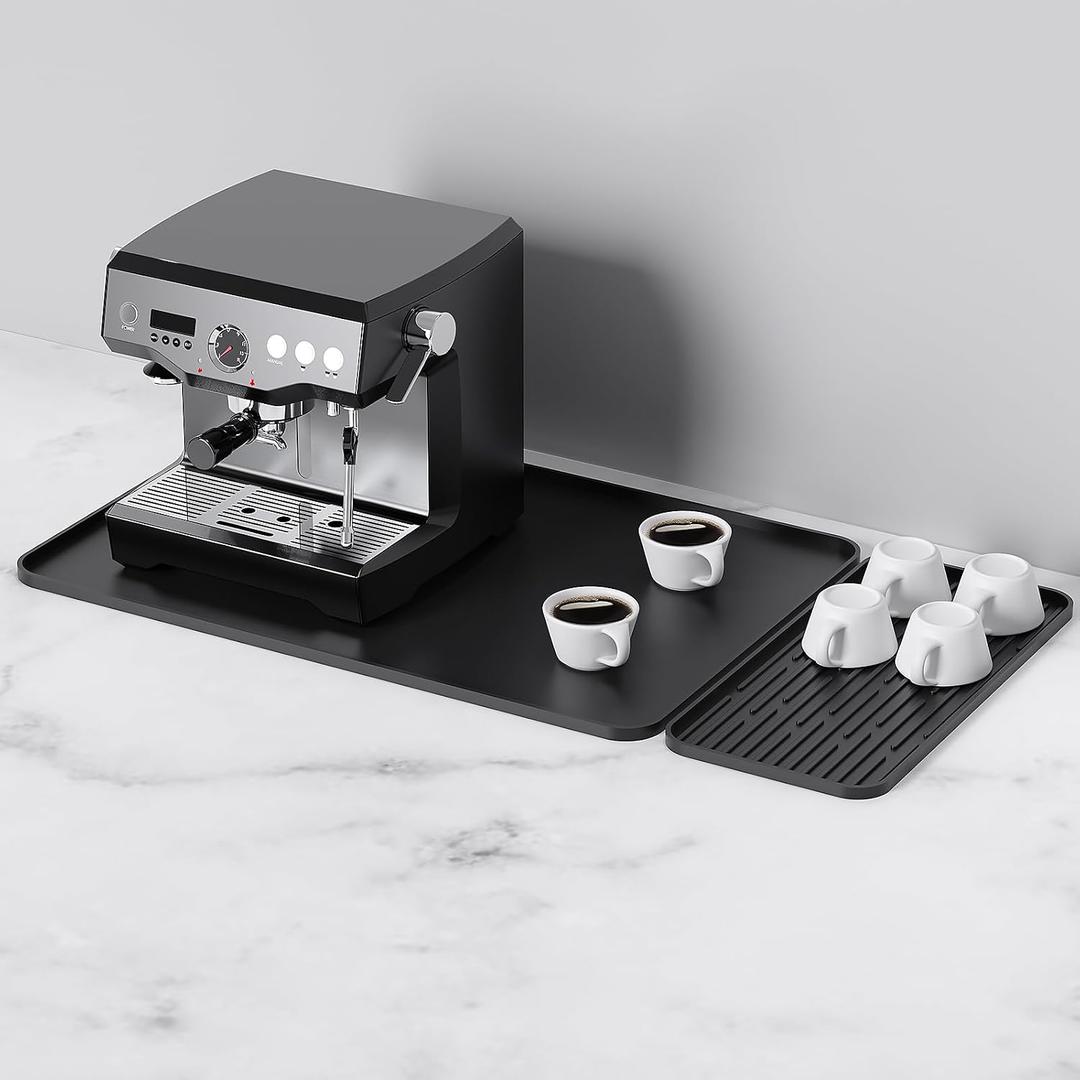 Coffee Mat, 2-in-1 Silicone Bar Mat with Detachable Dish Drying Pad, 24x16 Inch Heat-Resistant Leak-Proof Non-Slip Counter Protector for Espresso Machine,Kitchen Countertop,Home Decor Essentials,Black