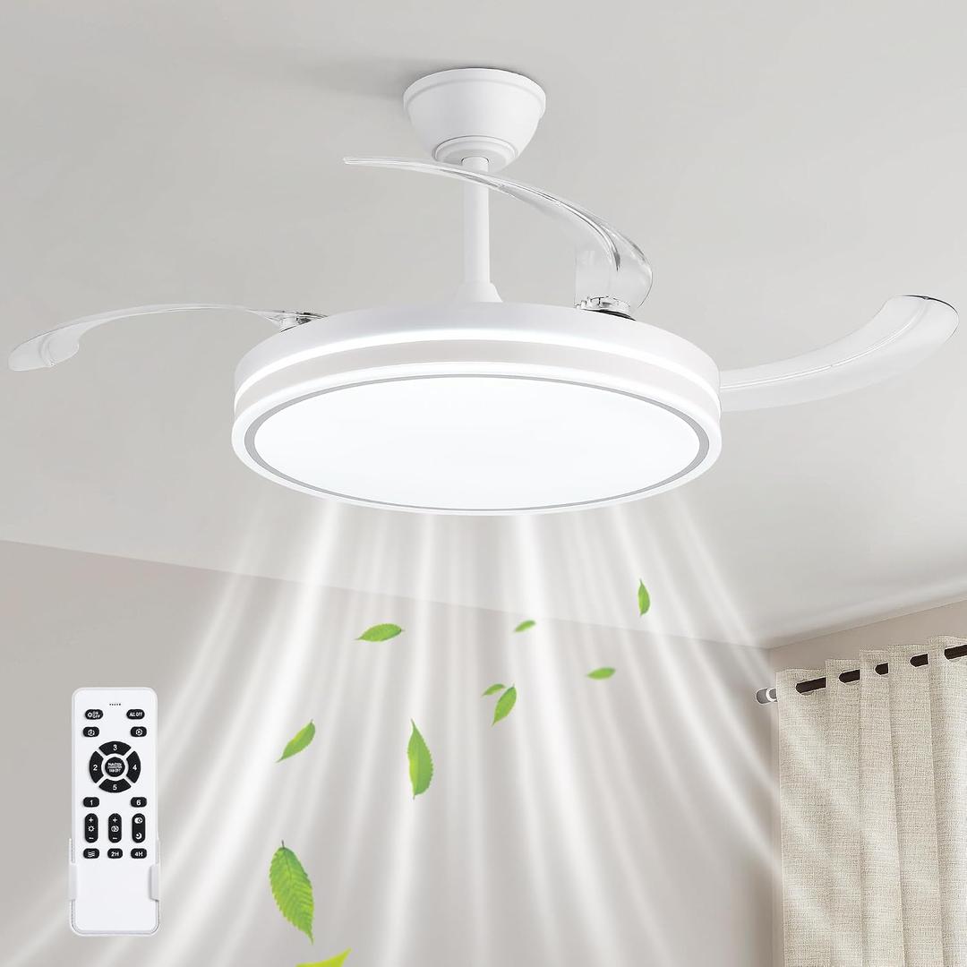 42 inch White Retractable Ceiling Fan With Light and Remote, Large