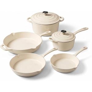 QuliMetal Enameled Cast Iron Cookware Set, 5-Piece Pots and Pans Set with Lids, Skillet, Frying Pan, Saucepan & Dutch Oven for All Stovetops, PFOA Free, Ideal for Sourdough Bread Baking, C White 5PC