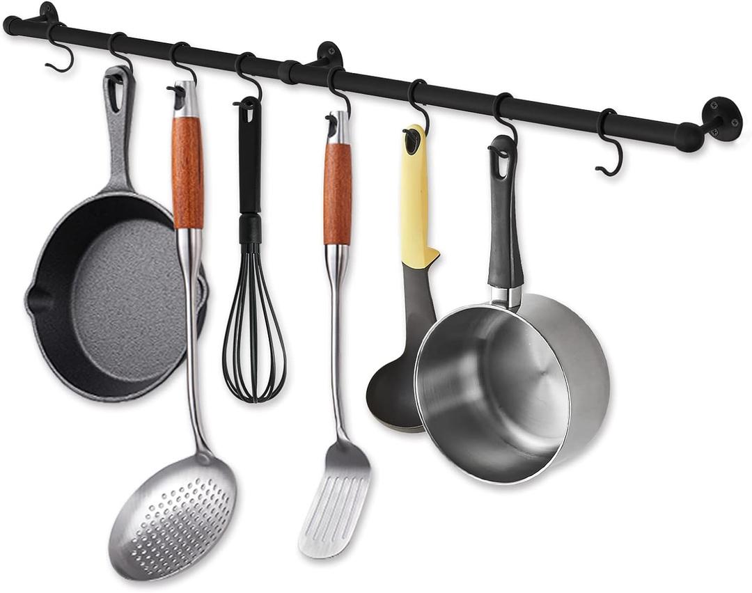 ROTHLEY Hanging Pot Rack Hanger: 39.4 Inch Stainless Steel Pot and Pan Hanger Pot Rack Wall Mounted Hanging Pots and Pans Rack Pot Hangers for Kitchen Utensil Rail with Hooks (Matt Black)