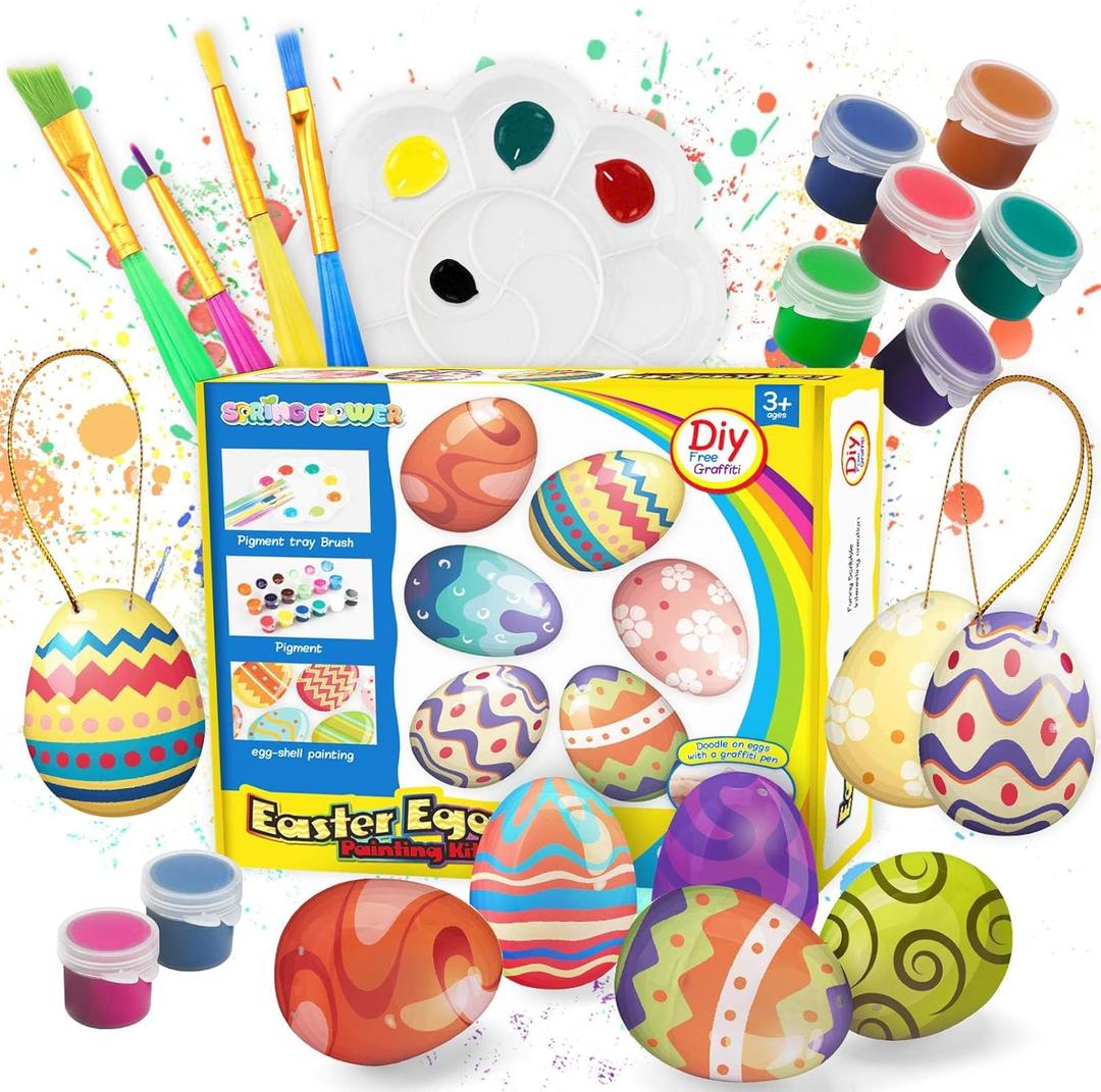 SpringFlower White Easter Eggs Painting Kit-24 Paintable Flocking Eggs with Doodle Kit for DIY Design-Hanging Flocking Eggs with Rope for Easter Decoration,Egg Hunts,Basket Stuffers & Essentials