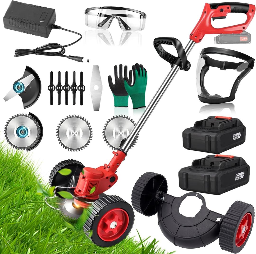 2026 Upgraded 24V Saker Plus Weed Cutter, Saker Plus 20000 RPM Wireless Weed 3 in 1 Garden Trimmer, with Training Wheels & 3 Types of Blades Perfect for Any Terrain (Red-2Batteries)